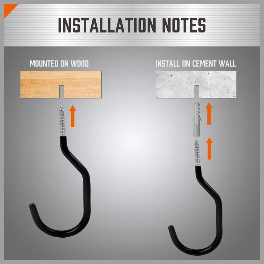 Black screw-in utility wall hooks for bike and garage storage, heavy-duty wide mouth design with non-slip coating