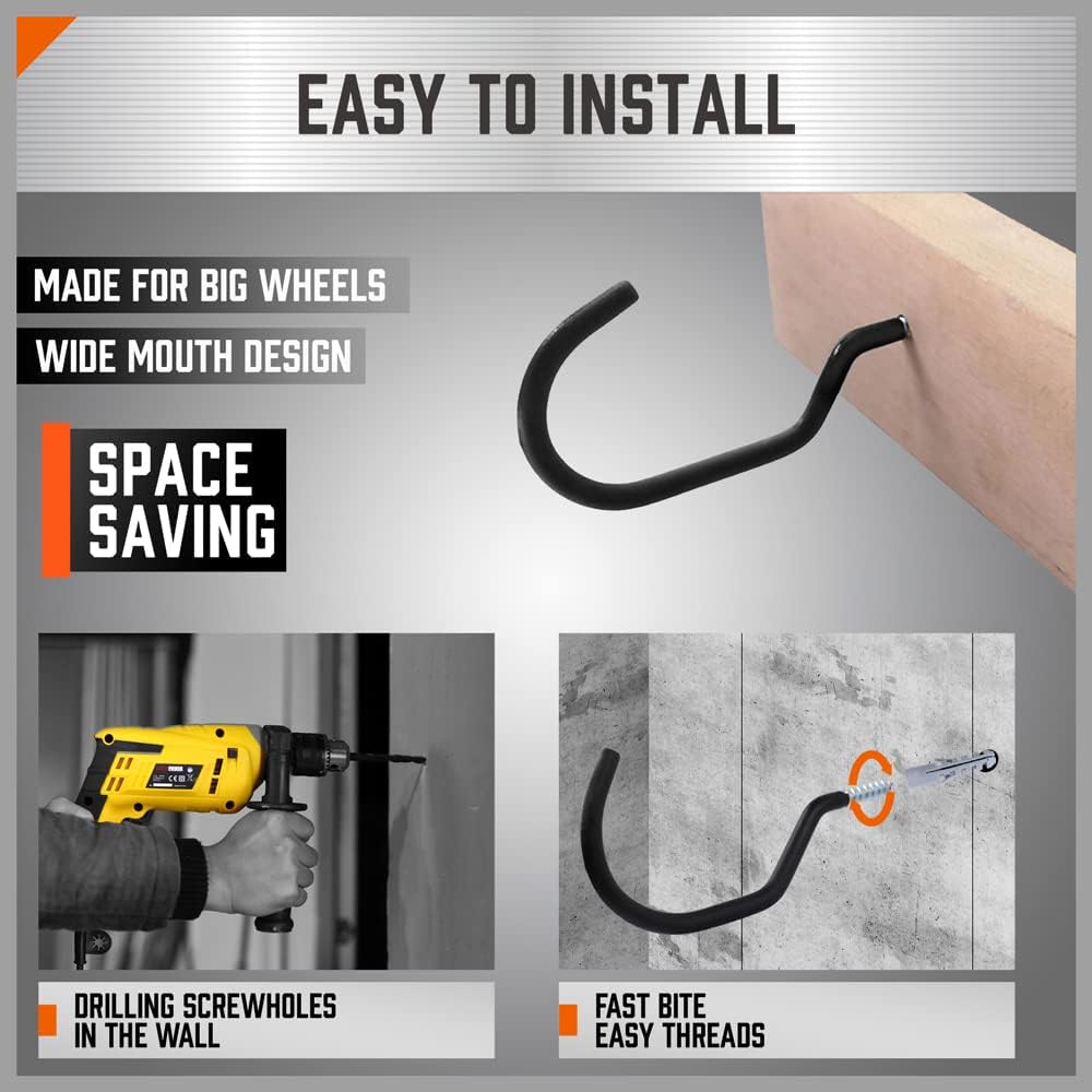 Black screw-in utility wall hooks for bike and garage storage, heavy-duty wide mouth design with non-slip coating