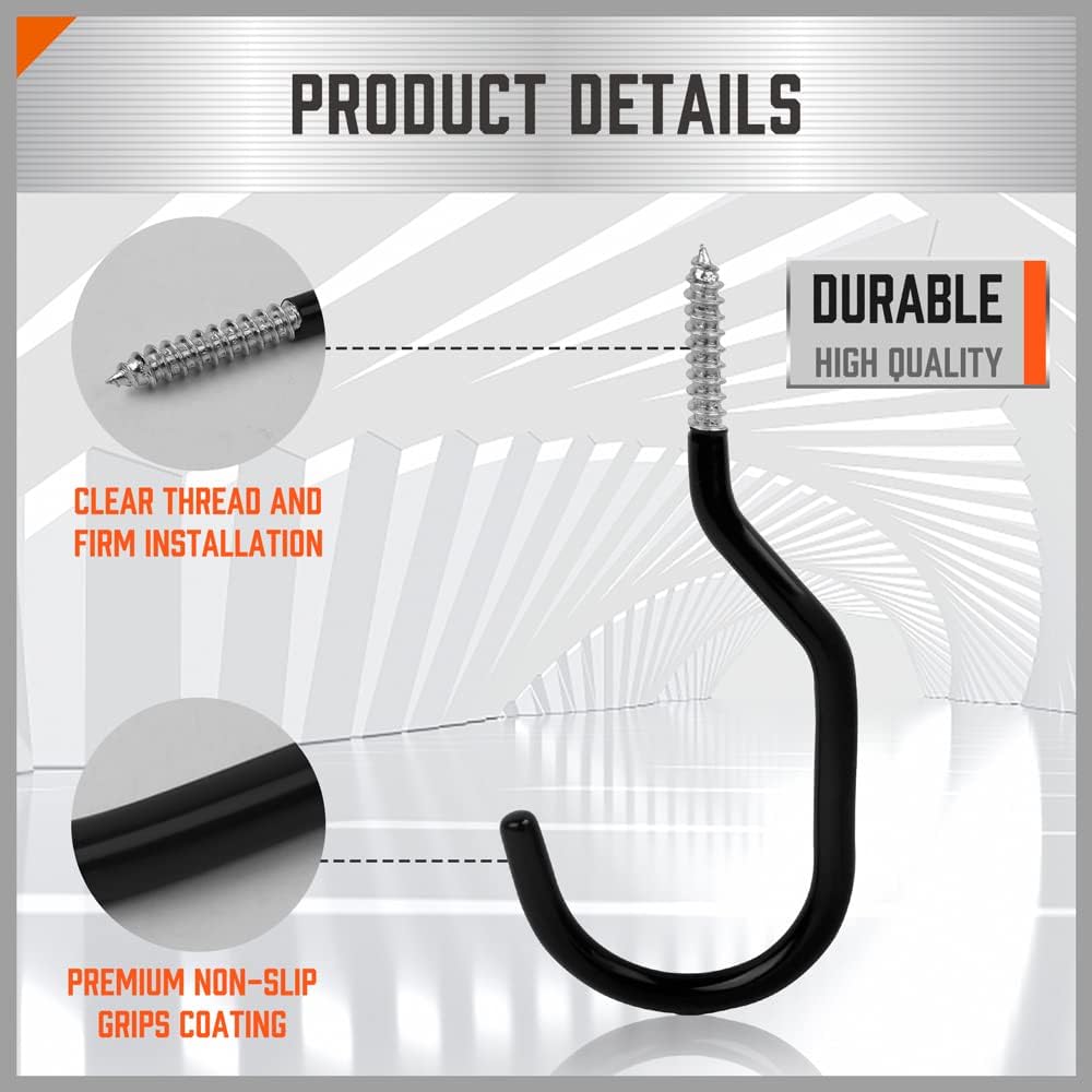 Black screw-in utility wall hooks for bike and garage storage, heavy-duty wide mouth design with non-slip coating