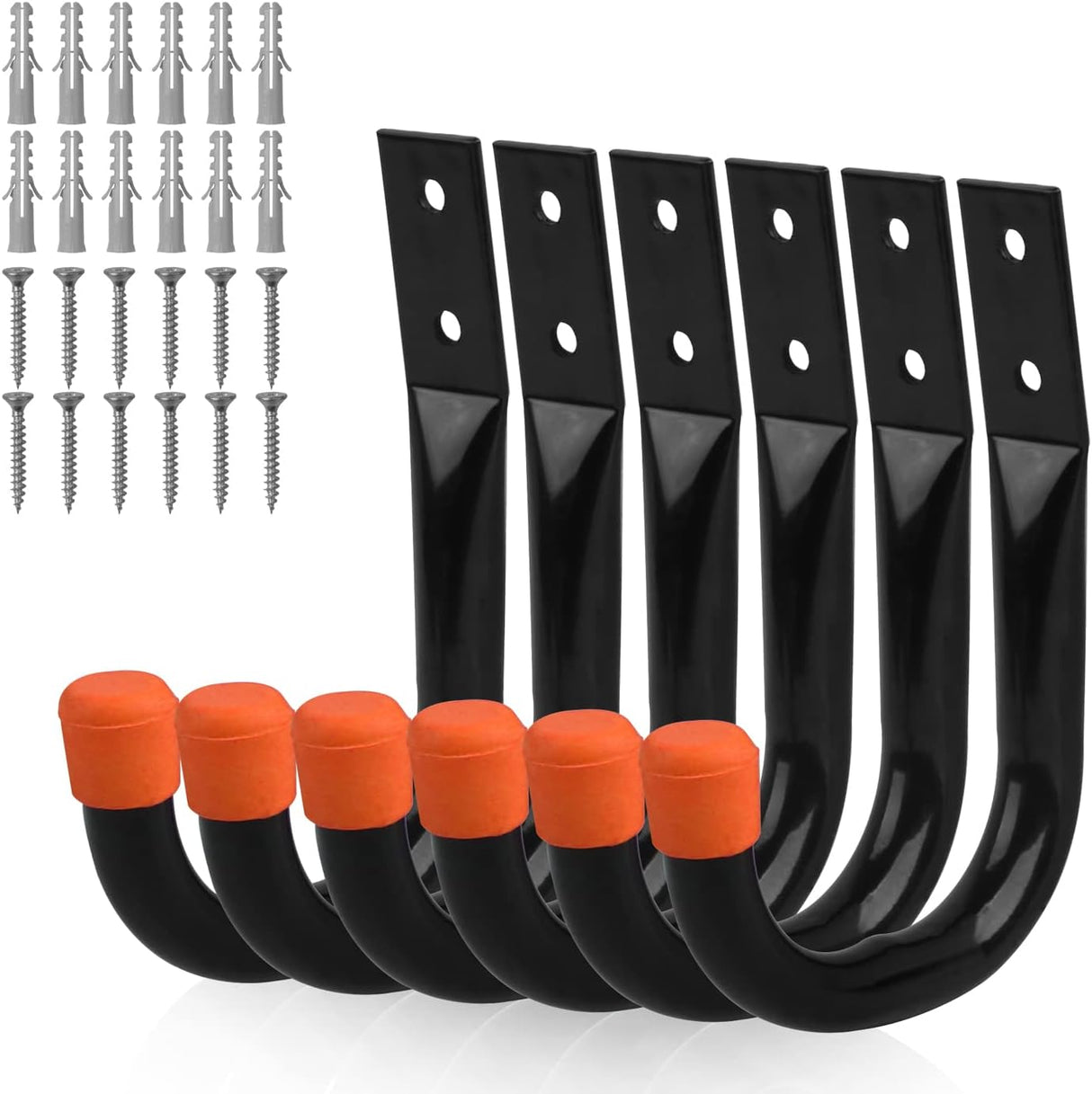 6-pack heavy duty black wall mount utility hooks with orange rubber tips for garage tool, ladder, hose, and shovel storage organization