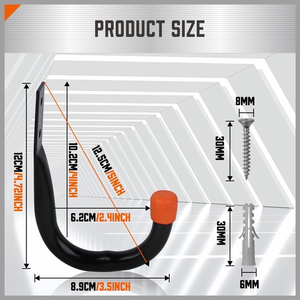 6-pack heavy duty black wall mount utility hooks with orange rubber tips for garage tool, ladder, hose, and shovel storage organization