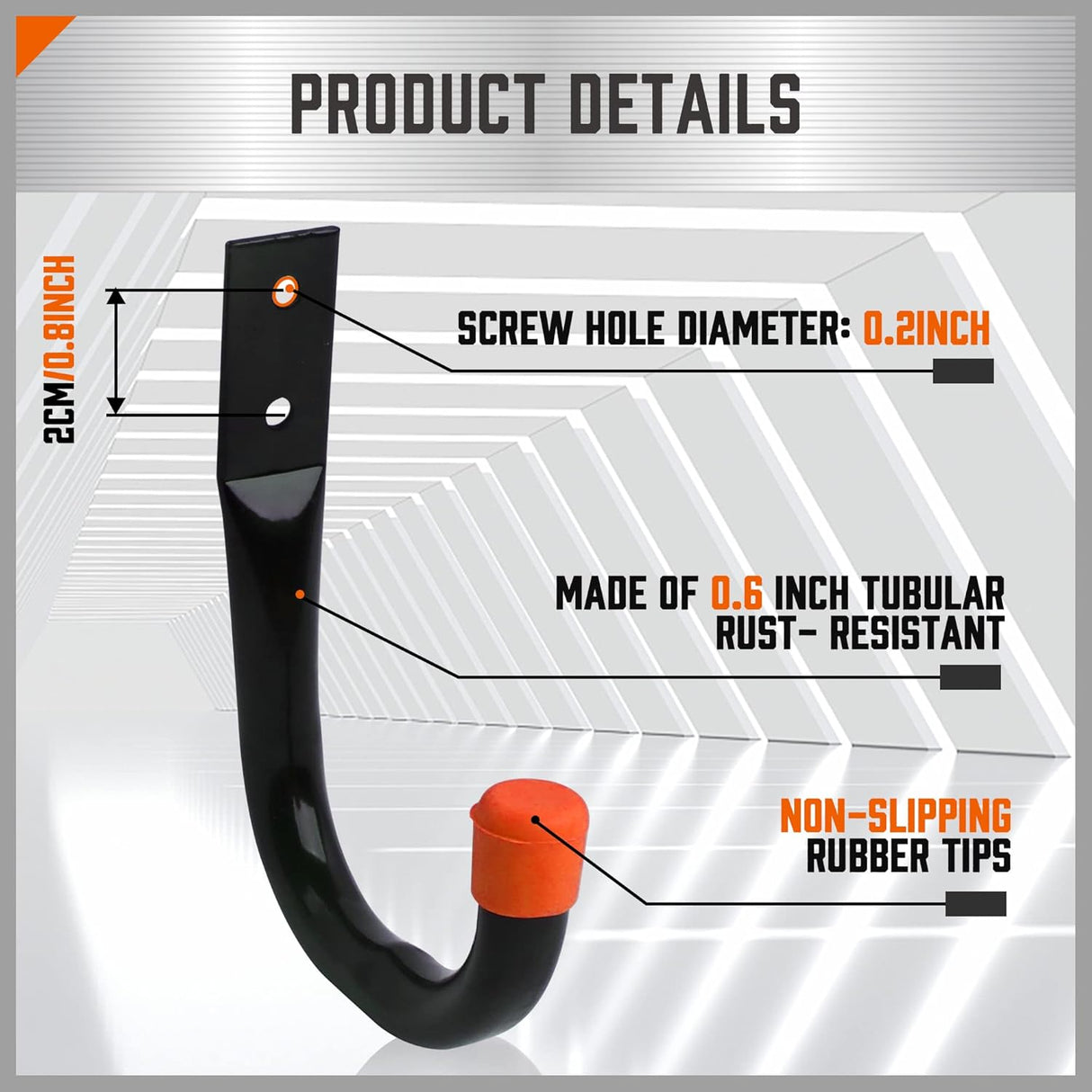 6-pack heavy duty black wall mount utility hooks with orange rubber tips for garage tool, ladder, hose, and shovel storage organization