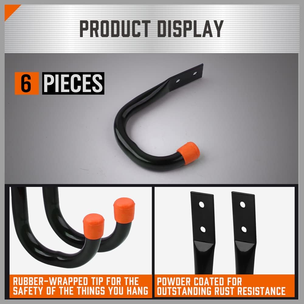 6-pack heavy duty black wall mount utility hooks with orange rubber tips for garage tool, ladder, hose, and shovel storage organization