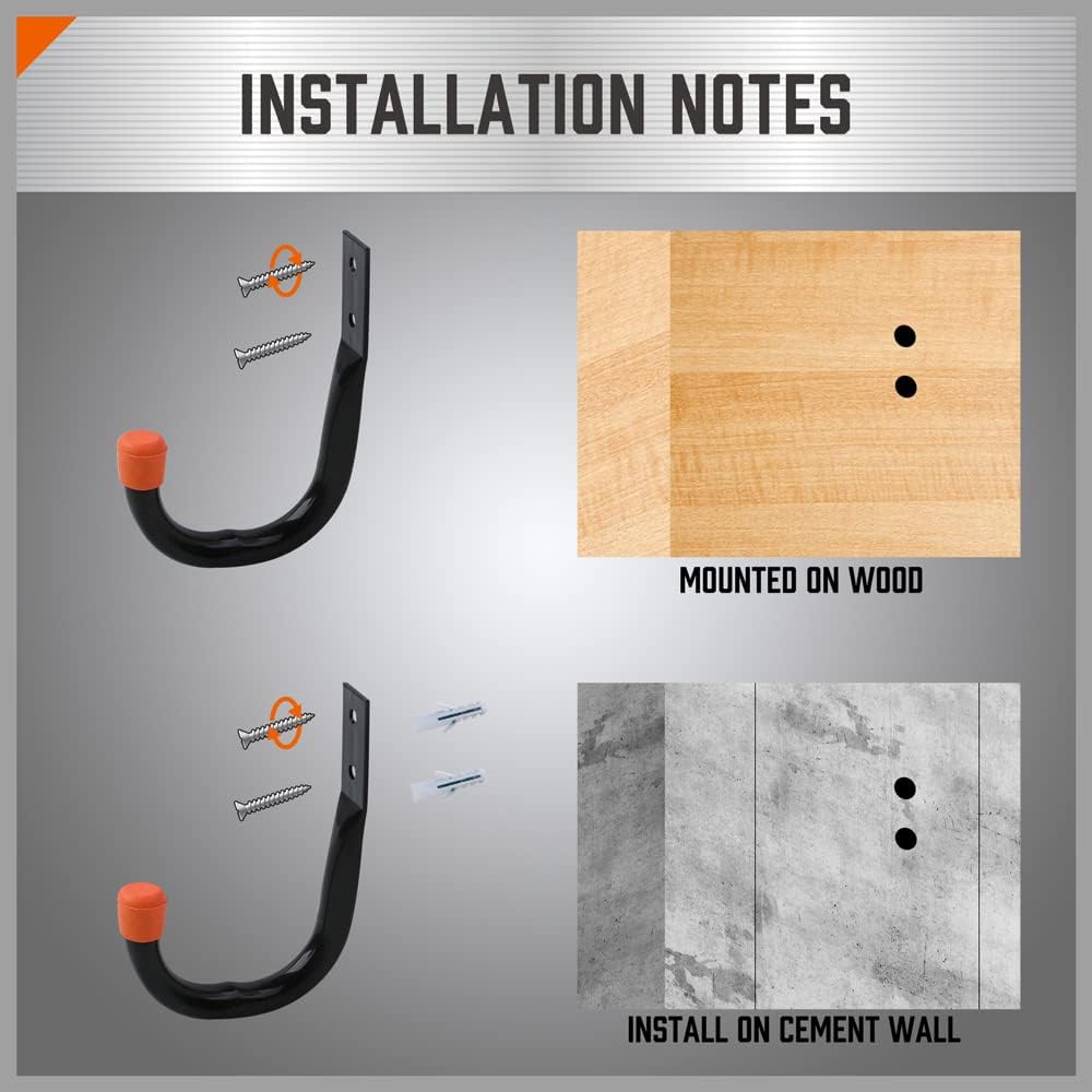 6-pack heavy duty black wall mount utility hooks with orange rubber tips for garage tool, ladder, hose, and shovel storage organization
