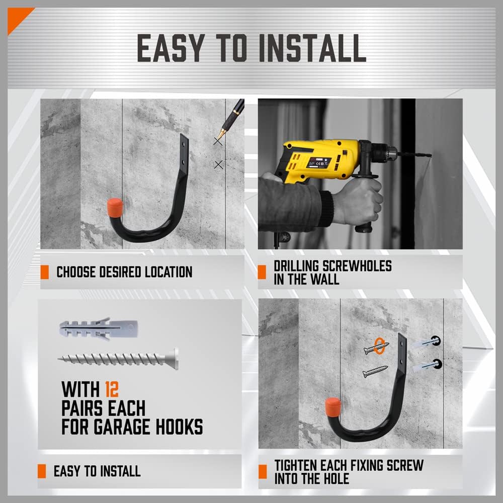 6-pack heavy duty black wall mount utility hooks with orange rubber tips for garage tool, ladder, hose, and shovel storage organization