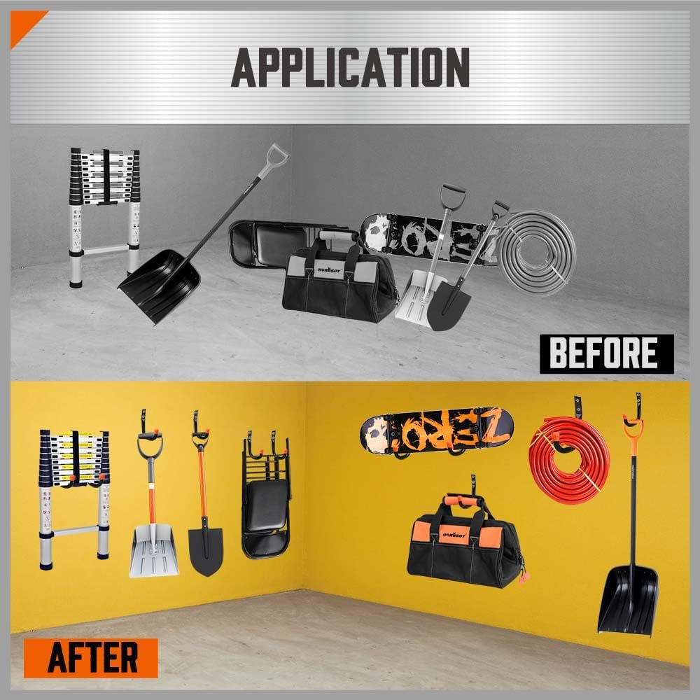 6-pack heavy duty black wall mount utility hooks with orange rubber tips for garage tool, ladder, hose, and shovel storage organization