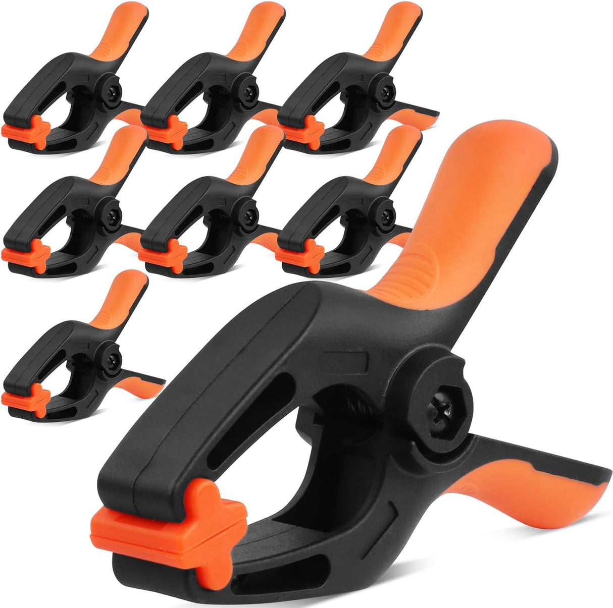 Heavy duty 5-inch orange and black spring clamps with flexible jaw pads and ergonomic handles for woodworking, DIY, and backdrop support