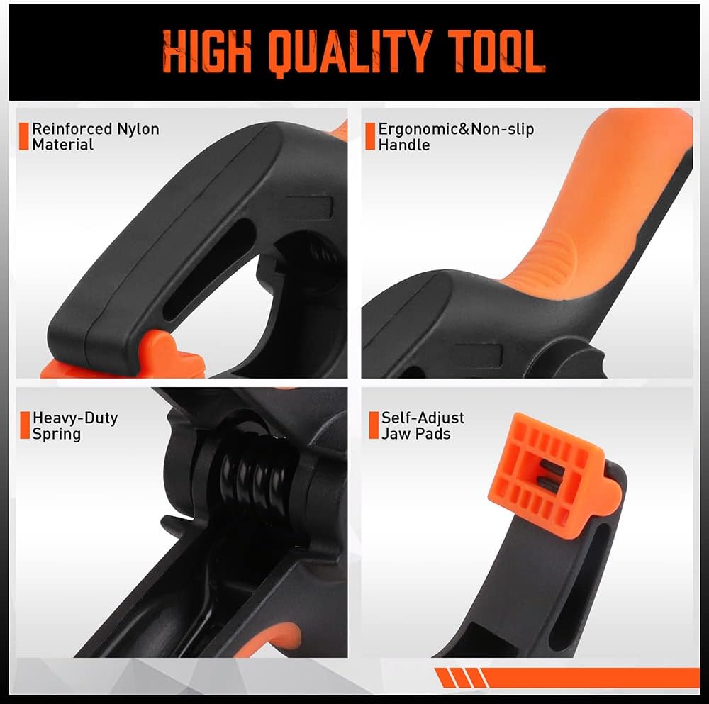 Heavy duty 5-inch orange and black spring clamps with flexible jaw pads and ergonomic handles for woodworking, DIY, and backdrop support