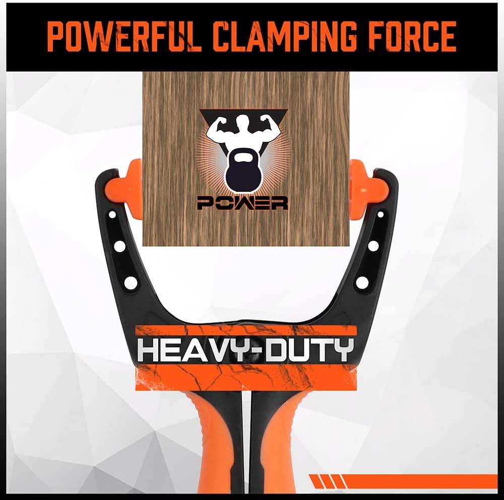 Heavy duty 5-inch orange and black spring clamps with flexible jaw pads and ergonomic handles for woodworking, DIY, and backdrop support