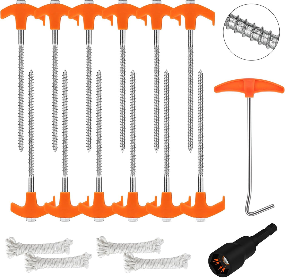 HORUSDY heavy-duty tent stakes with T-handle, spiral design, drill bit and ropes for secure outdoor anchoring