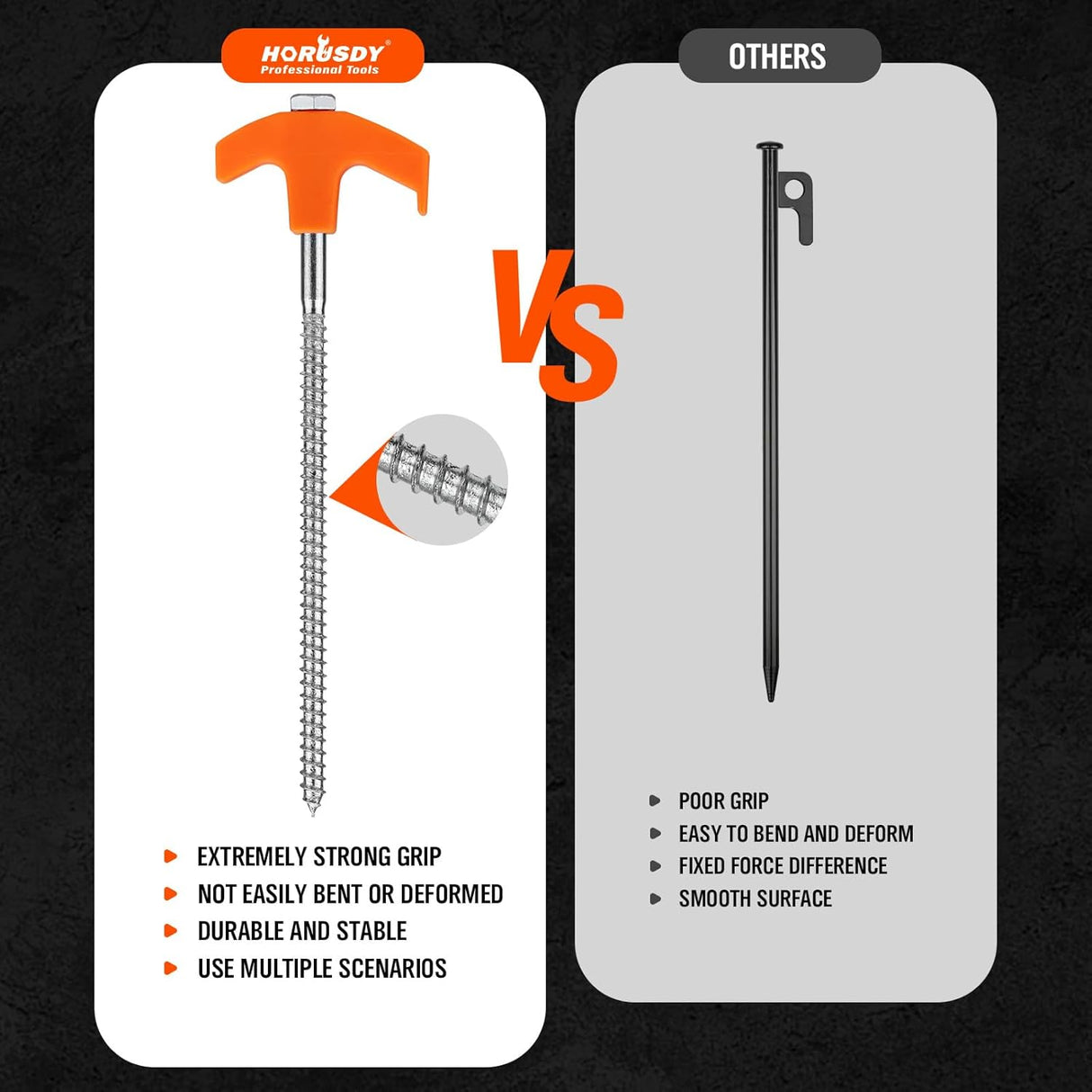 HORUSDY heavy-duty tent stakes with T-handle, spiral design, drill bit and ropes for secure outdoor anchoring