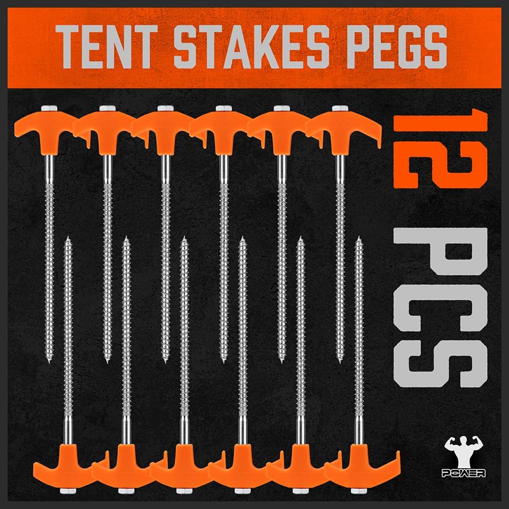 HORUSDY heavy-duty tent stakes with T-handle, spiral design, drill bit and ropes for secure outdoor anchoring