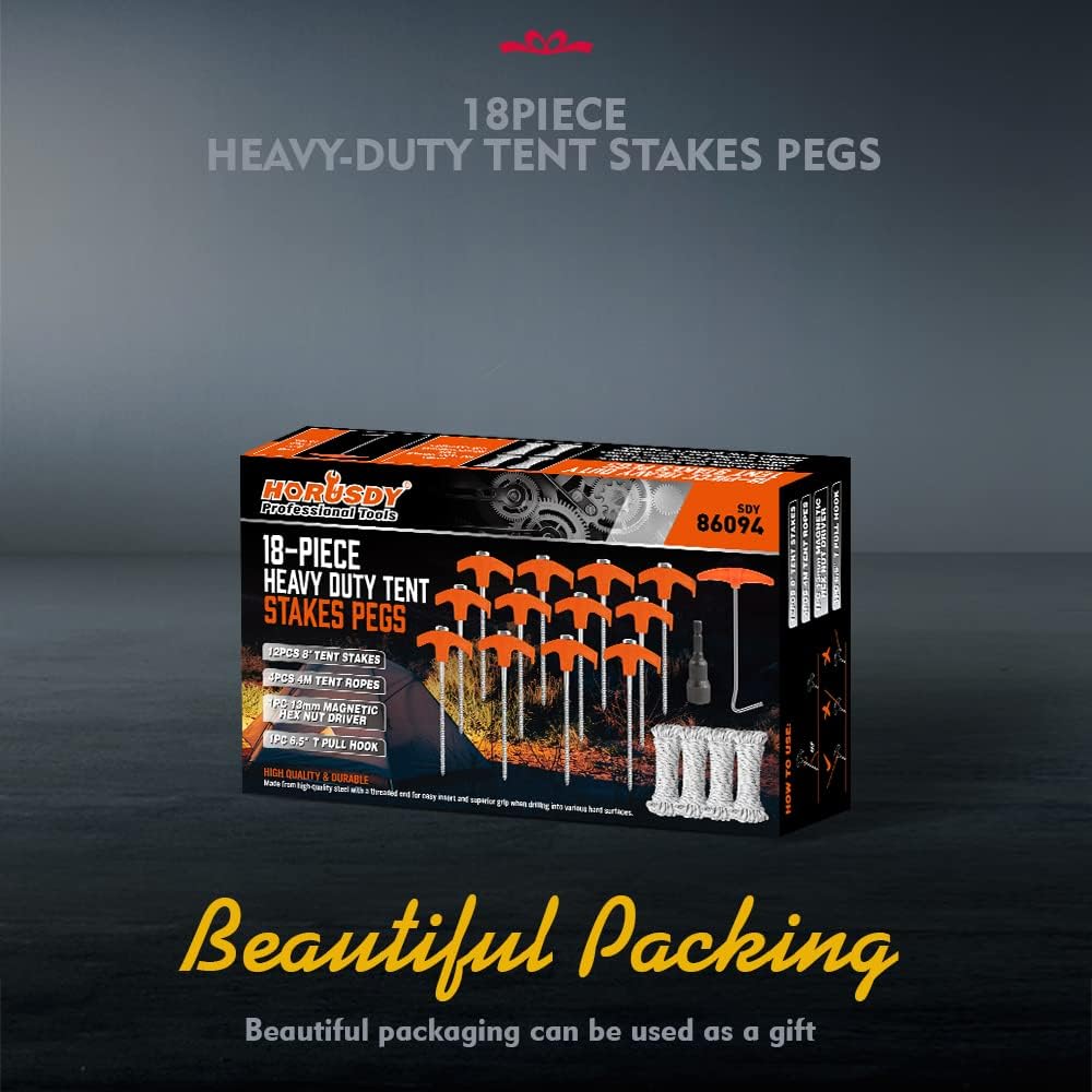 HORUSDY heavy-duty tent stakes with T-handle, spiral design, drill bit and ropes for secure outdoor anchoring