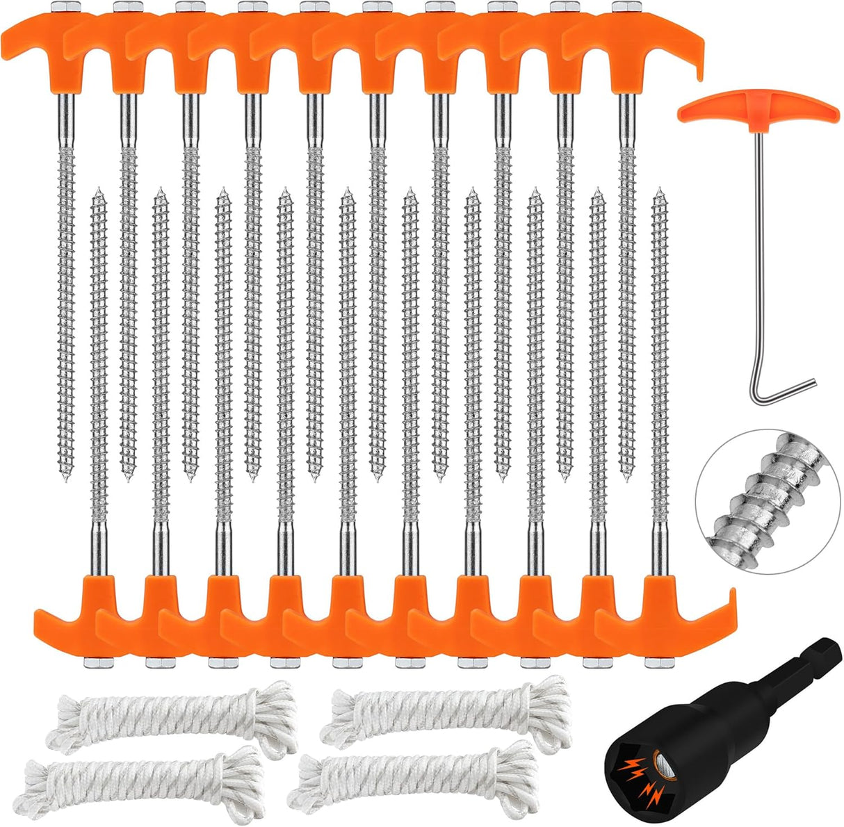 HORUSDY 26-piece tent stakes set with alloy steel spiral pegs, T-handle, drill bit, and ropes for secure outdoor anchoring