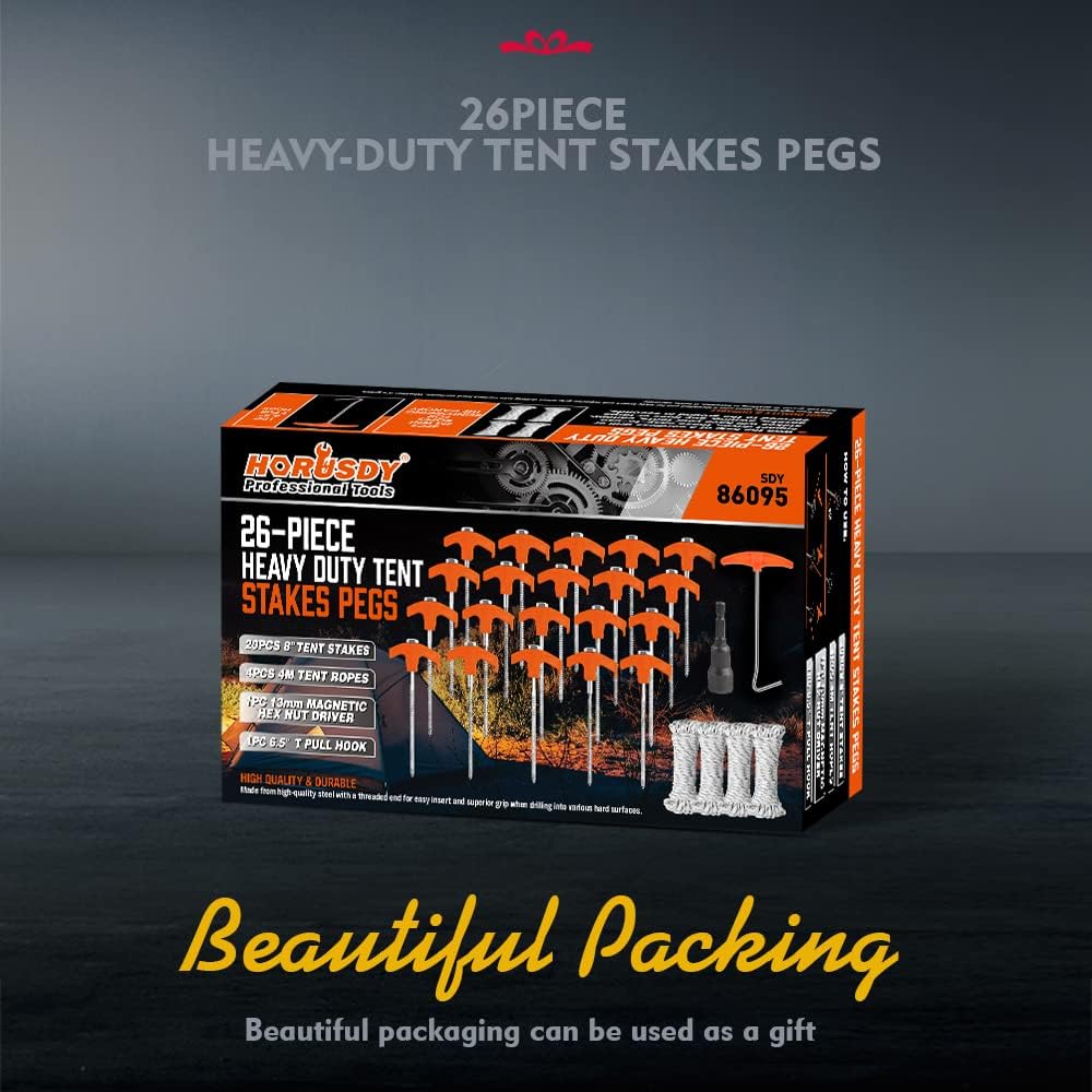 HORUSDY 26-piece tent stakes set with alloy steel spiral pegs, T-handle, drill bit, and ropes for secure outdoor anchoring