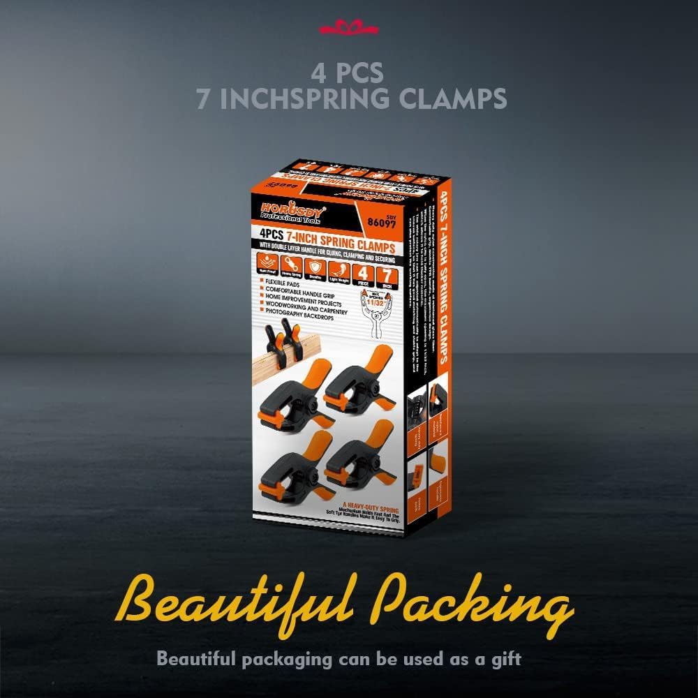 HORUSDY 7-inch heavy duty spring clamps with flexible rotating jaw pads, strong grip force, and ergonomic handles for woodworking and photography use