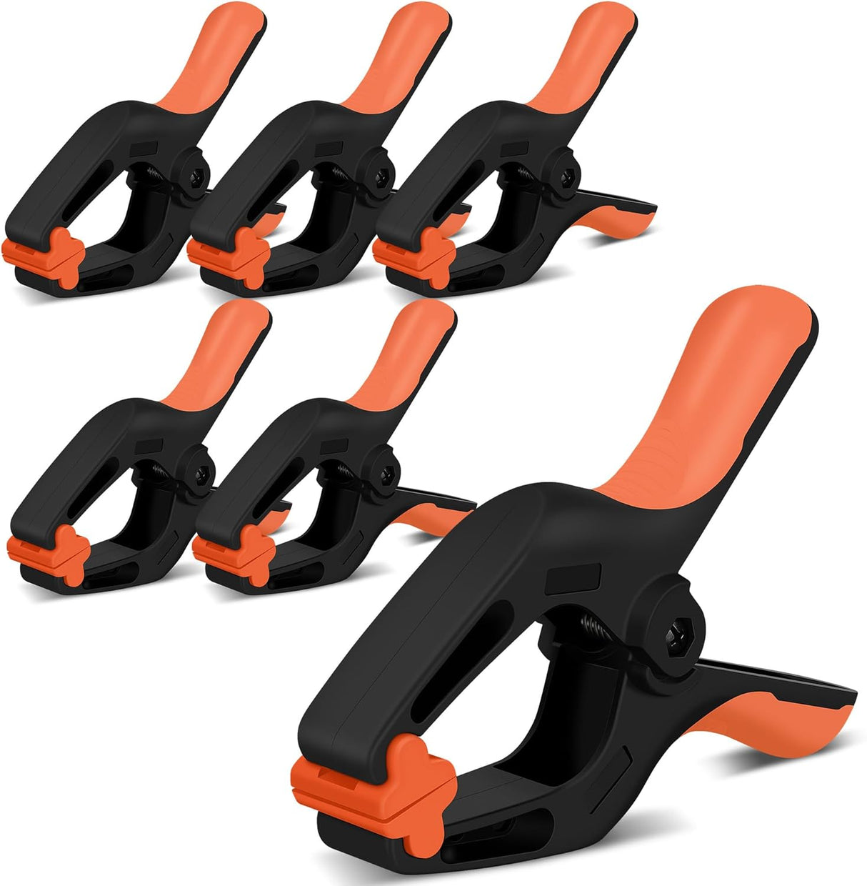 Heavy duty 7-inch spring clamps with orange and black ergonomic handle and flexible jaw pads for woodworking and photography