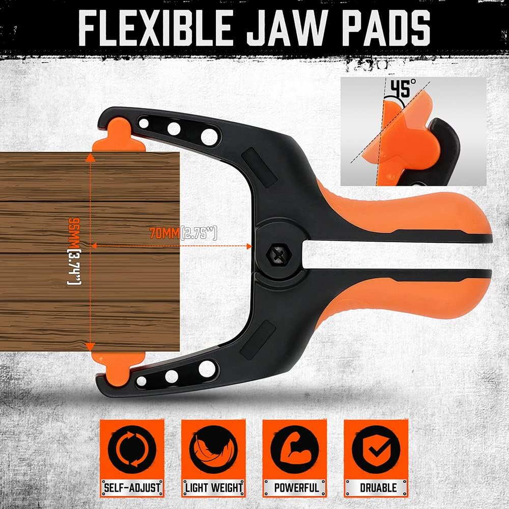 Heavy duty 7-inch spring clamps with orange and black ergonomic handle and flexible jaw pads for woodworking and photography
