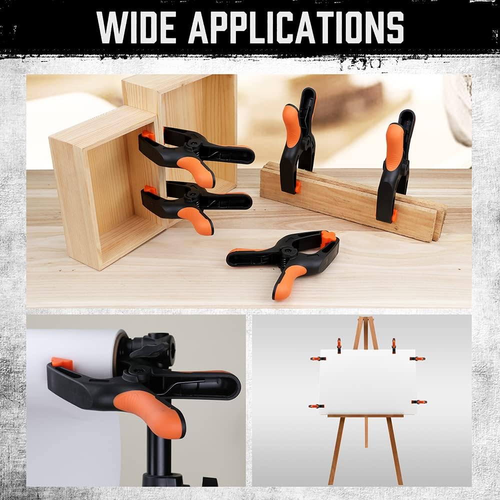 Heavy duty 7-inch spring clamps with orange and black ergonomic handle and flexible jaw pads for woodworking and photography
