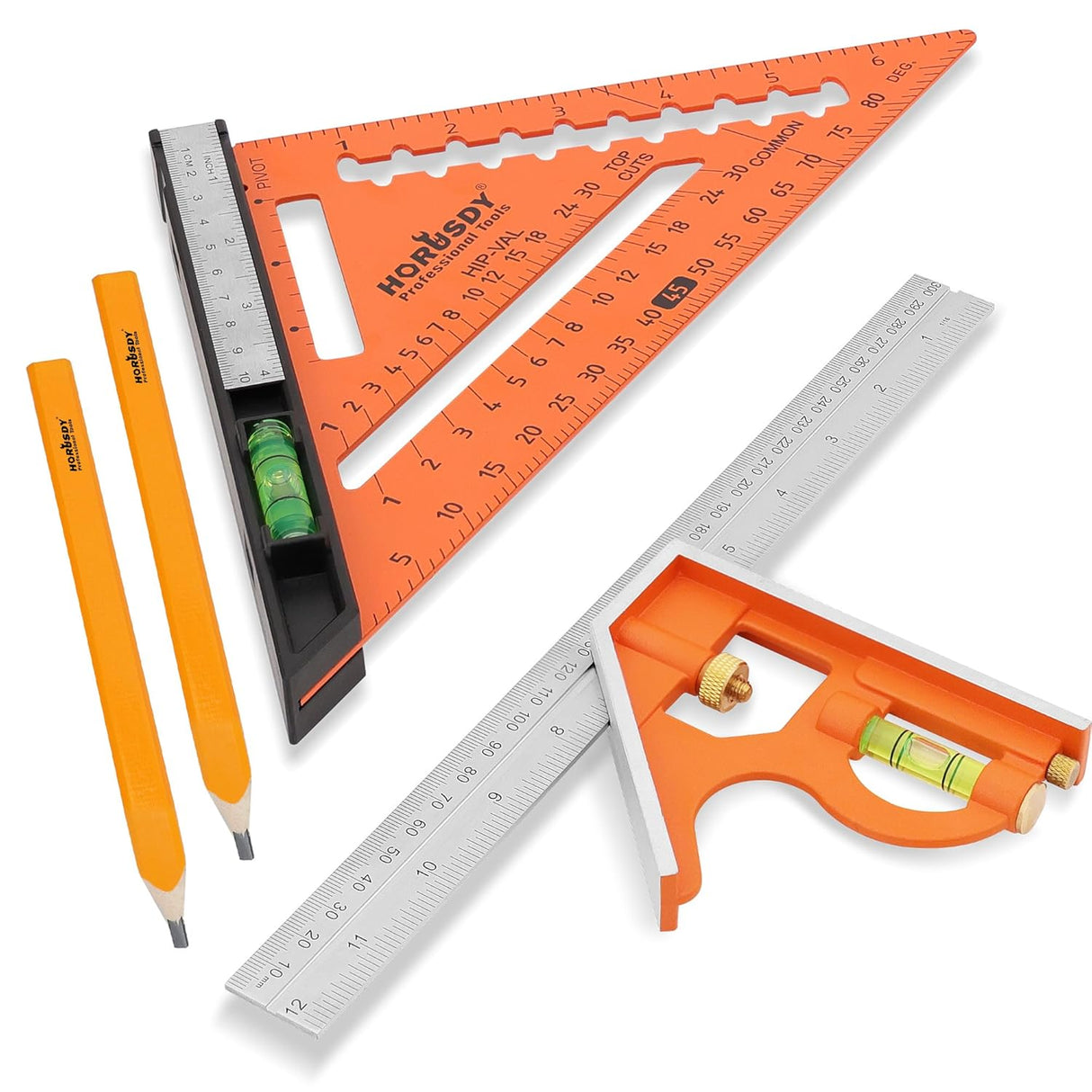 HORUSDY 2-piece square set with 7-inch rafter square and 12-inch combination square, includes spirit levels, stainless steel ruler, and marking pencils