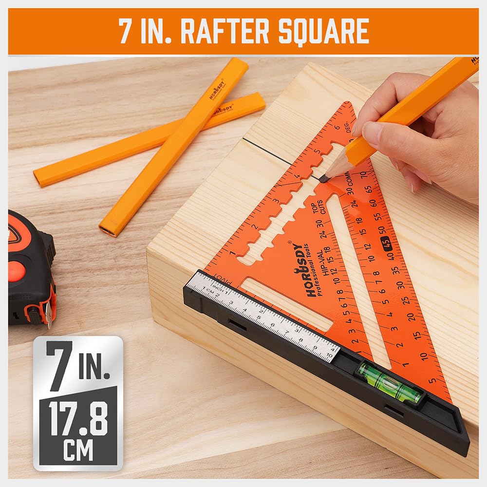 HORUSDY 2-piece square set with 7-inch rafter square and 12-inch combination square, includes spirit levels, stainless steel ruler, and marking pencils