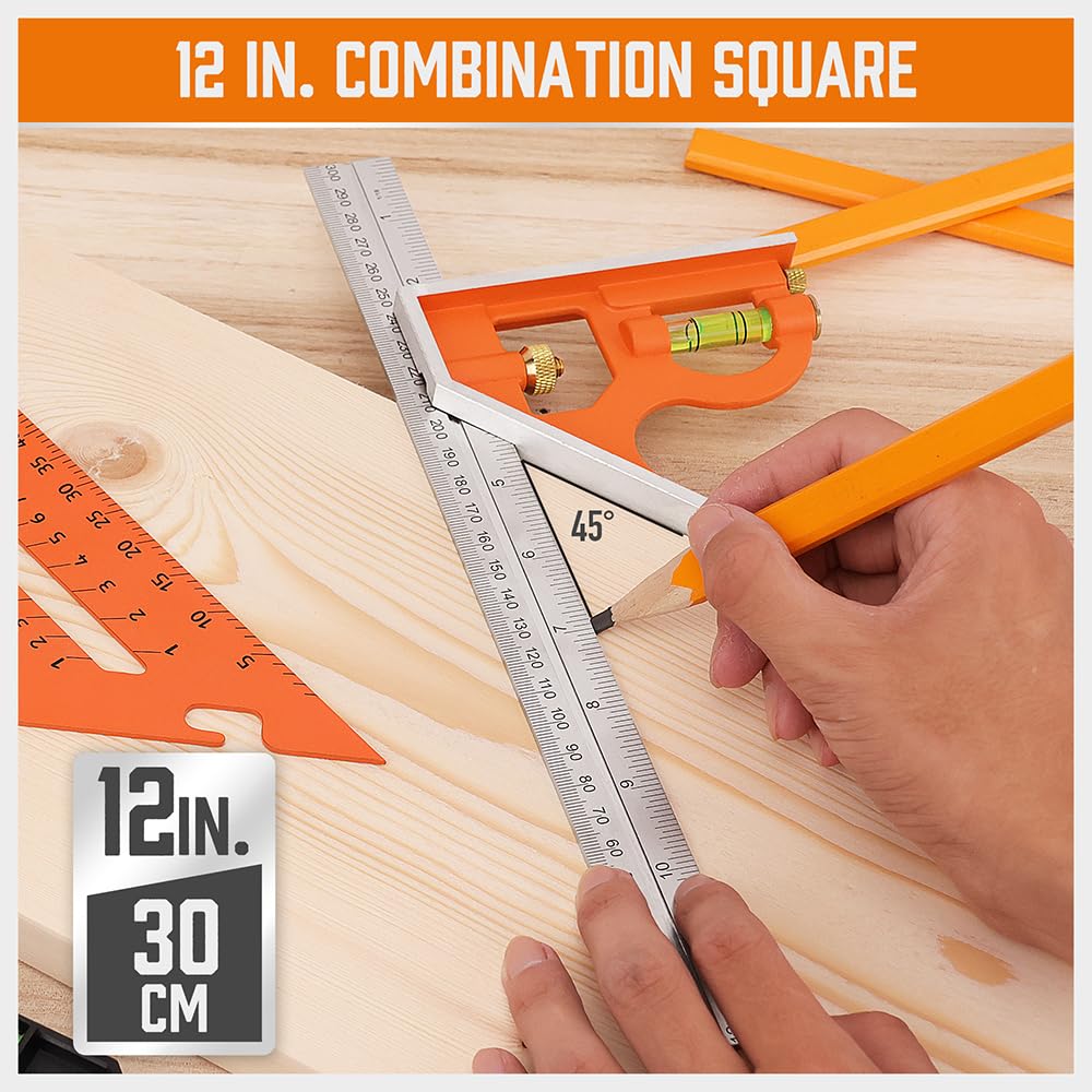 HORUSDY 2-piece square set with 7-inch rafter square and 12-inch combination square, includes spirit levels, stainless steel ruler, and marking pencils