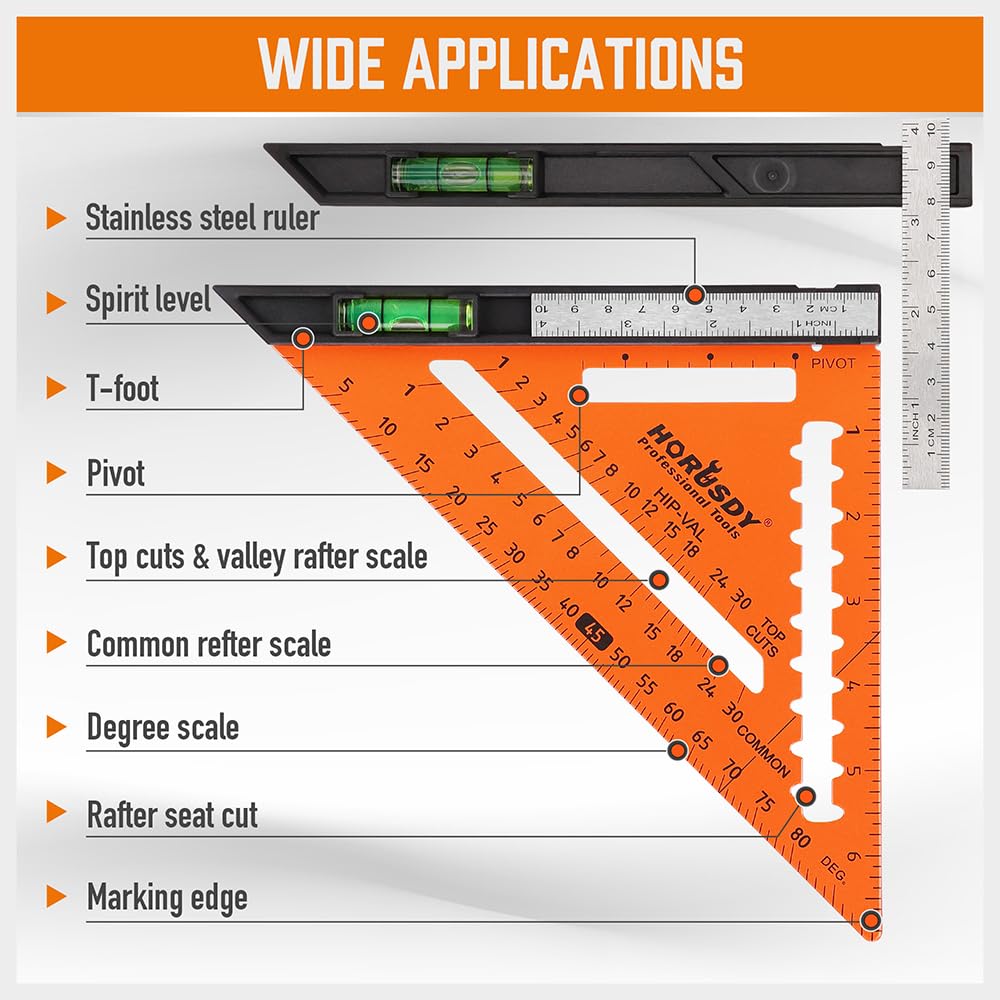 HORUSDY 2-piece square set with 7-inch rafter square and 12-inch combination square, includes spirit levels, stainless steel ruler, and marking pencils
