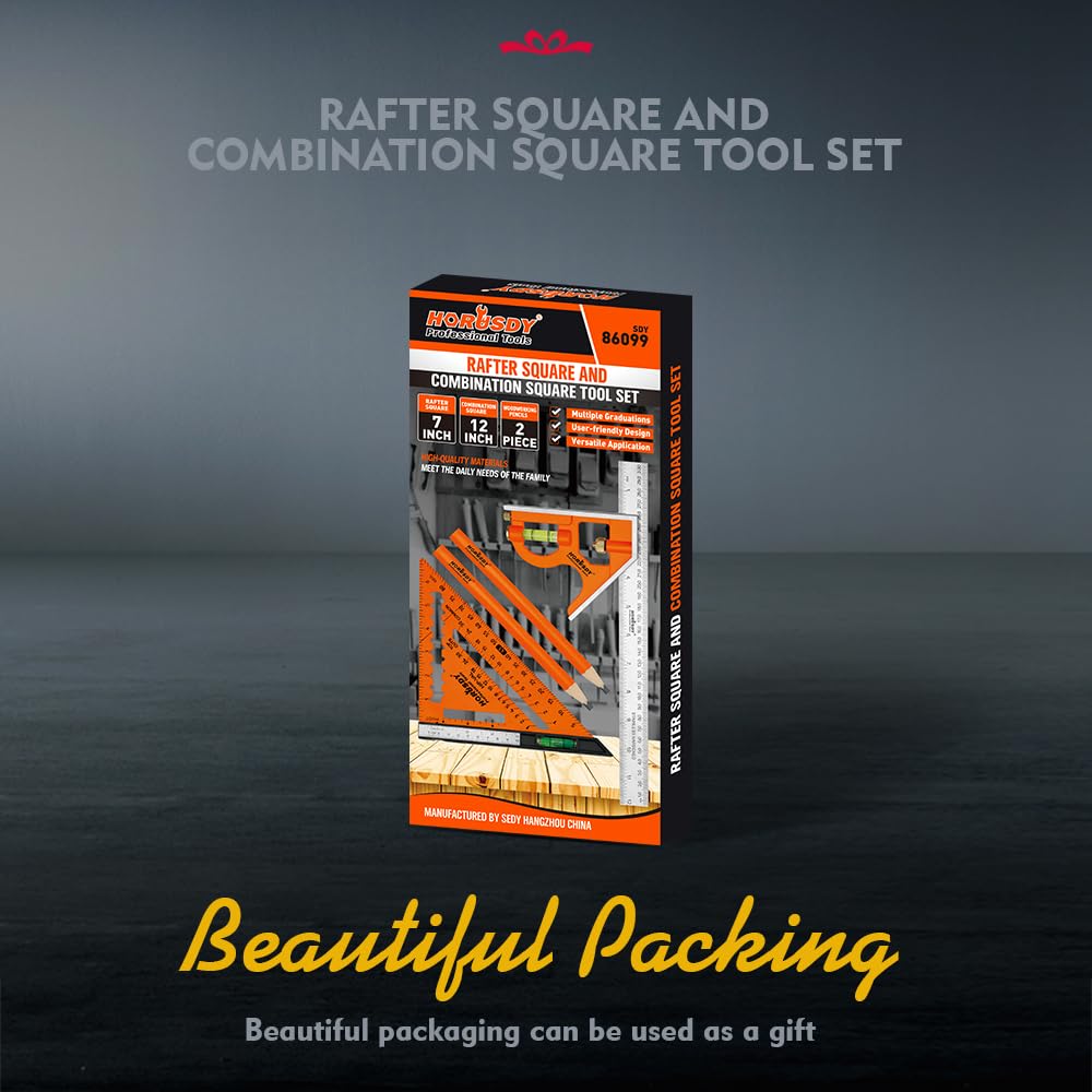 HORUSDY 2-piece square set with 7-inch rafter square and 12-inch combination square, includes spirit levels, stainless steel ruler, and marking pencils