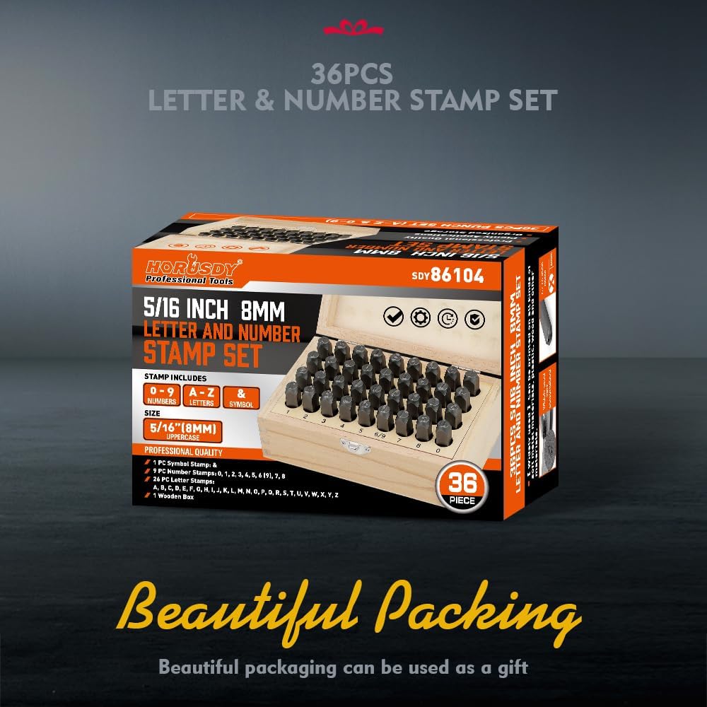 HORUSDY 8mm metal letter and number stamp set with durable alloy steel punches and wooden organizer box