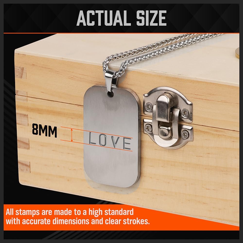 HORUSDY 8mm metal letter and number stamp set with durable alloy steel punches and wooden organizer box