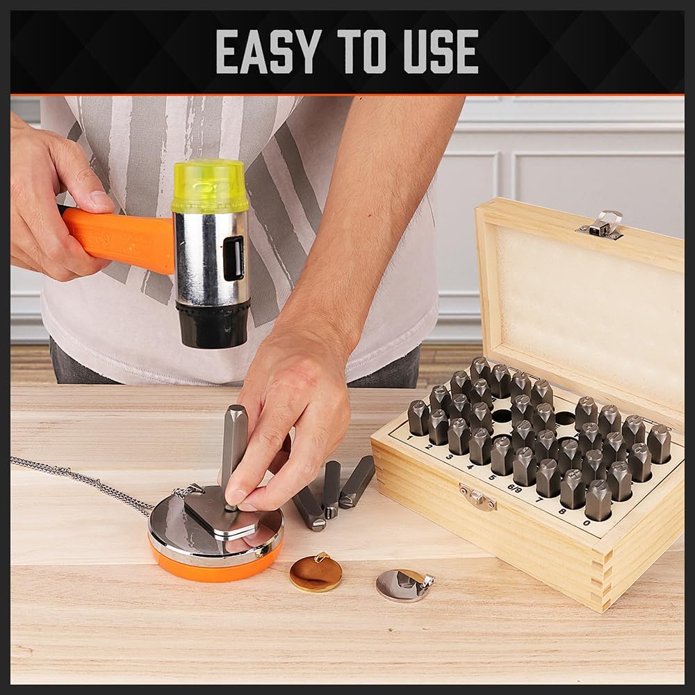 HORUSDY 8mm metal letter and number stamp set with durable alloy steel punches and wooden organizer box