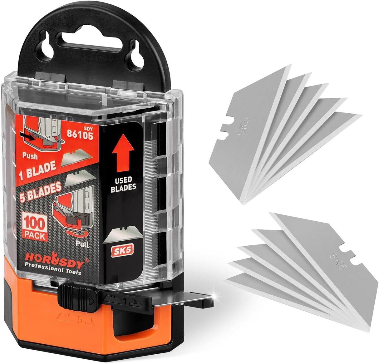 HORUSDY SK5 utility knife blades 100-pack with blade dispenser, razor sharp standard-size replacement blades for cardboard, plastic, foam, and more.
