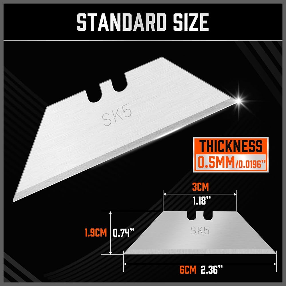 HORUSDY SK5 utility knife blades 100-pack with blade dispenser, razor sharp standard-size replacement blades for cardboard, plastic, foam, and more.