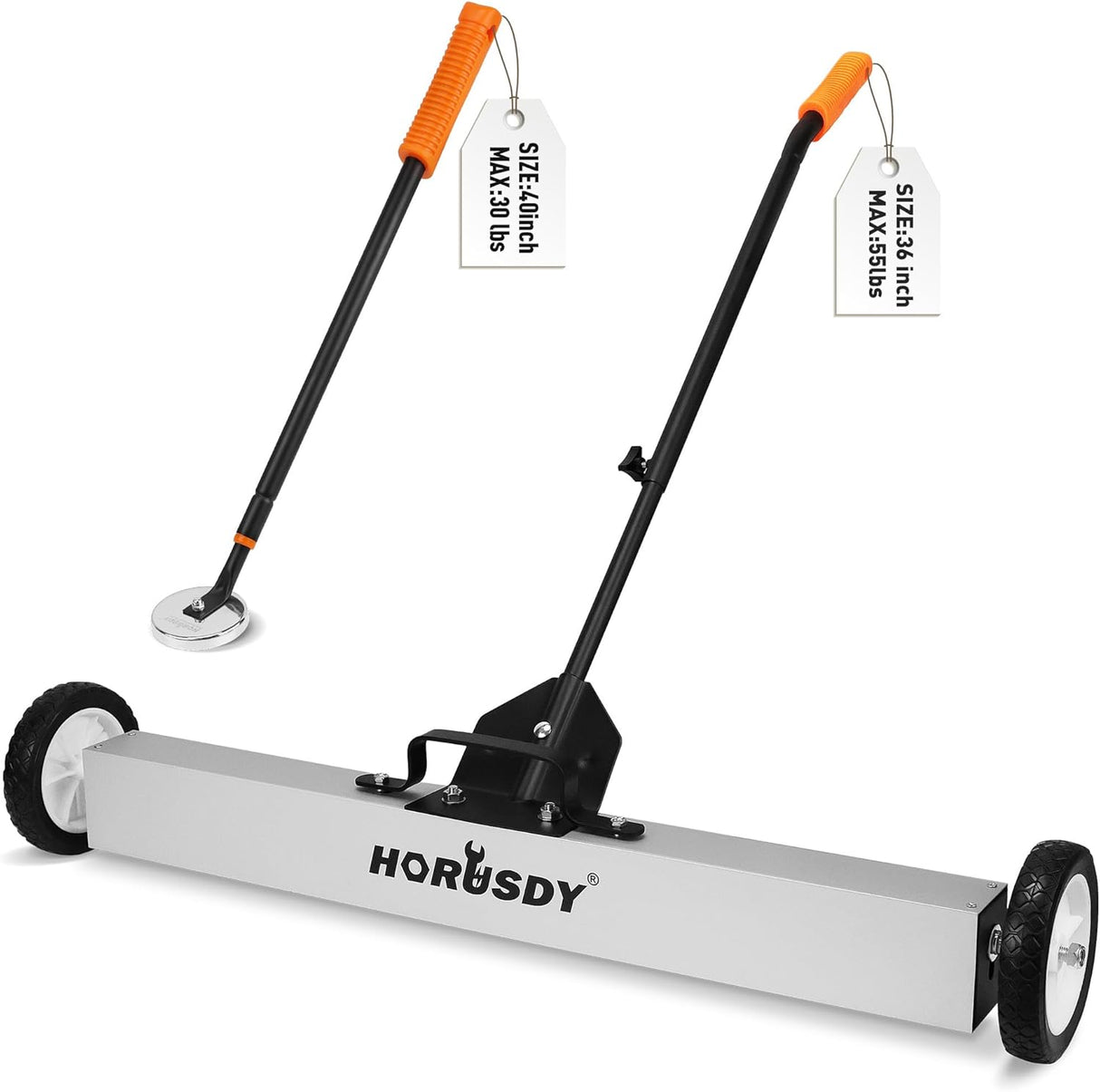 HORUSDY 36-inch magnetic sweeper and pickup tool with adjustable handle, ideal for removing metal debris like nails and screws from floors and lawns