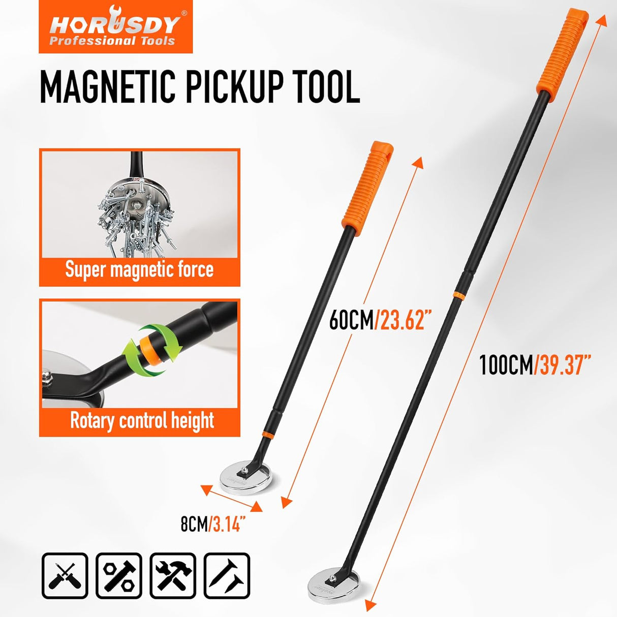 HORUSDY 36-inch magnetic sweeper and pickup tool with adjustable handle, ideal for removing metal debris like nails and screws from floors and lawns