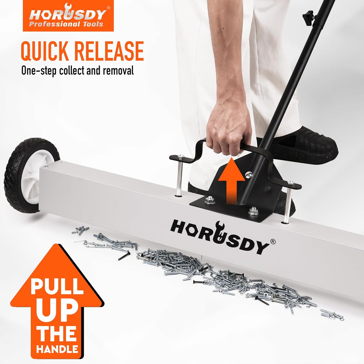 HORUSDY 36-inch magnetic sweeper and pickup tool with adjustable handle, ideal for removing metal debris like nails and screws from floors and lawns