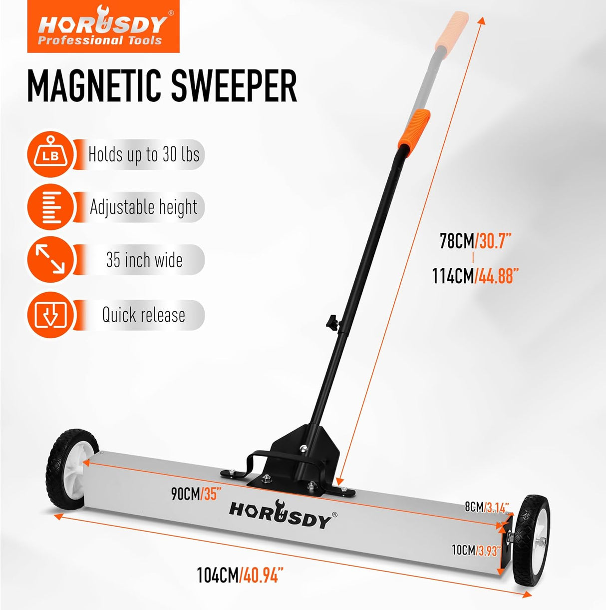HORUSDY 36-inch magnetic sweeper and pickup tool with adjustable handle, ideal for removing metal debris like nails and screws from floors and lawns