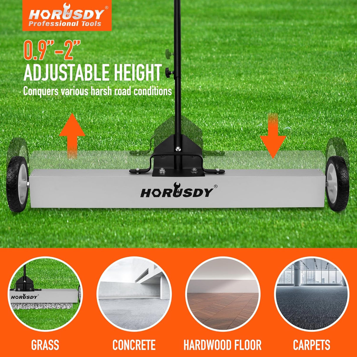 HORUSDY 36-inch magnetic sweeper and pickup tool with adjustable handle, ideal for removing metal debris like nails and screws from floors and lawns