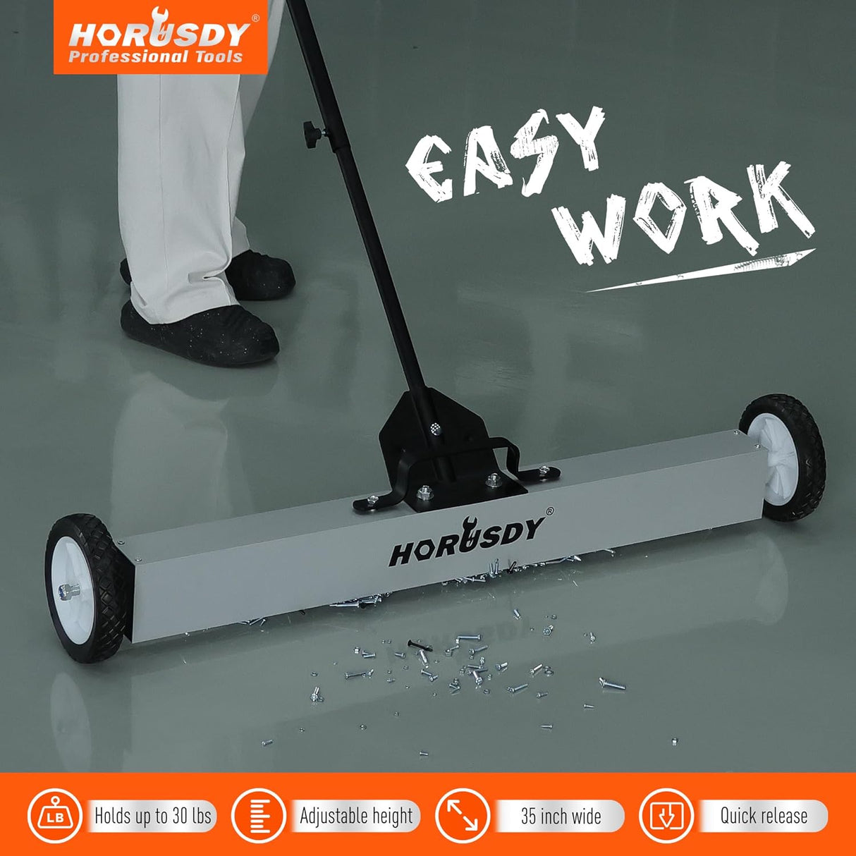 HORUSDY 36-inch magnetic sweeper and pickup tool with adjustable handle, ideal for removing metal debris like nails and screws from floors and lawns