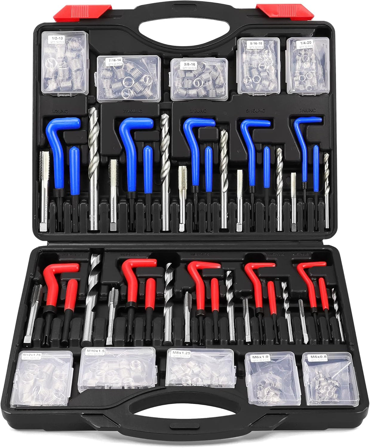 Thread repair kit with 320 pieces including taps, drills, thread inserts, installation tools, and T-handles, compatible with SAE and metric threads.