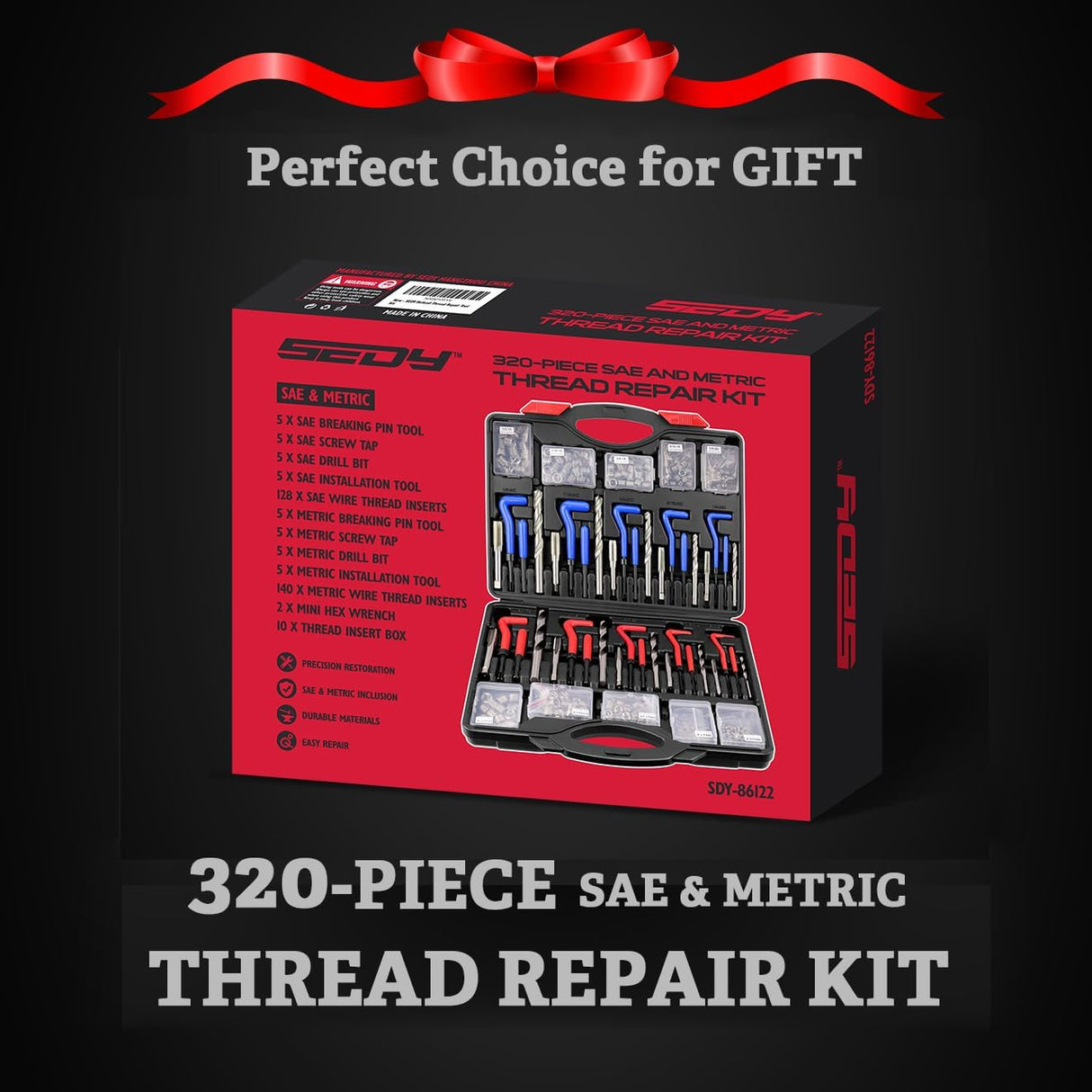 Thread repair kit with 320 pieces including taps, drills, thread inserts, installation tools, and T-handles, compatible with SAE and metric threads.