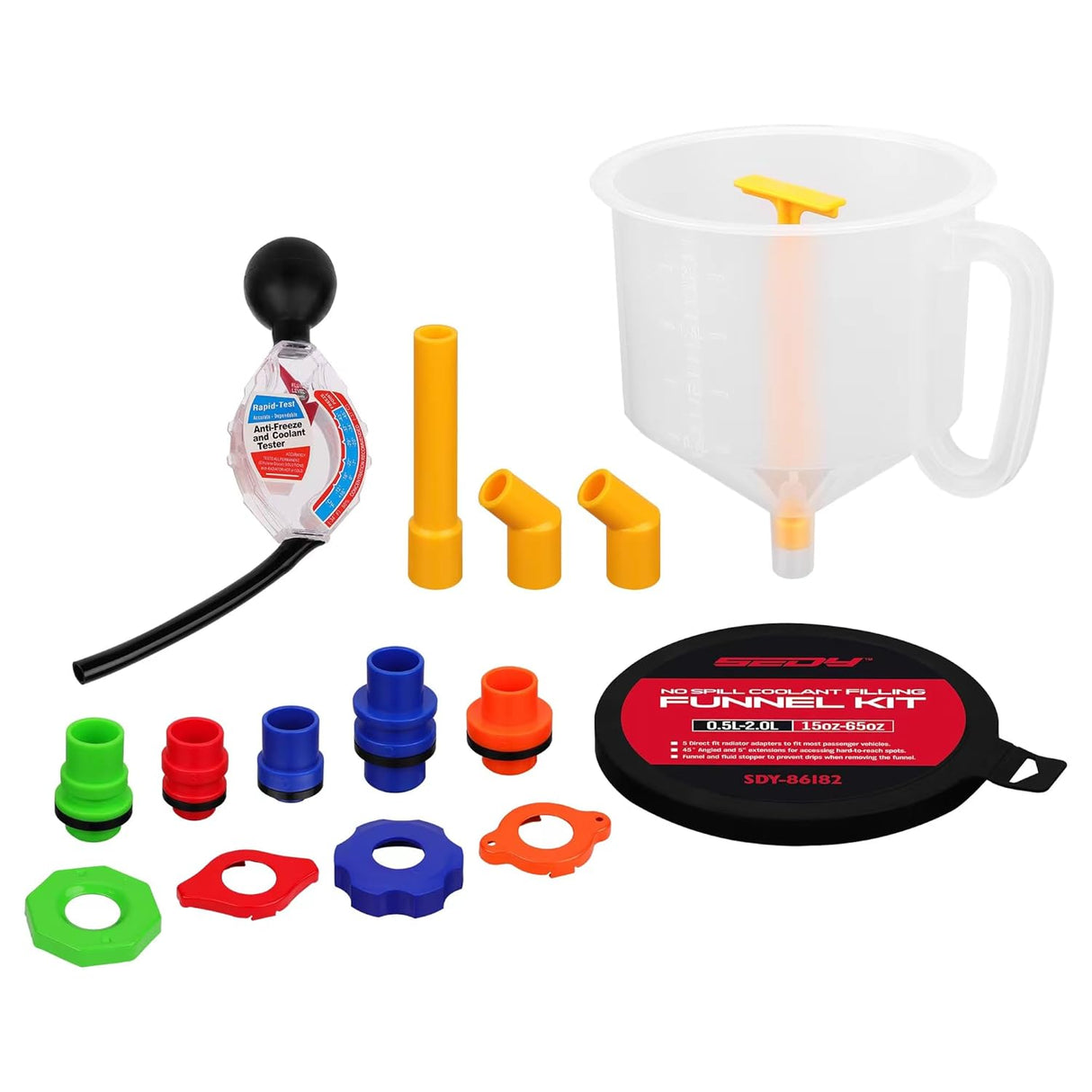 SEDY no-spill coolant funnel kit with adapters, extensions, and antifreeze tester for radiator filling and bleeding