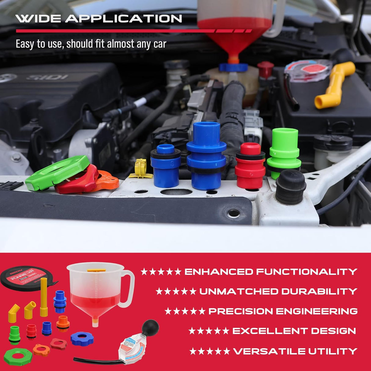SEDY no-spill coolant funnel kit with adapters, extensions, and antifreeze tester for radiator filling and bleeding