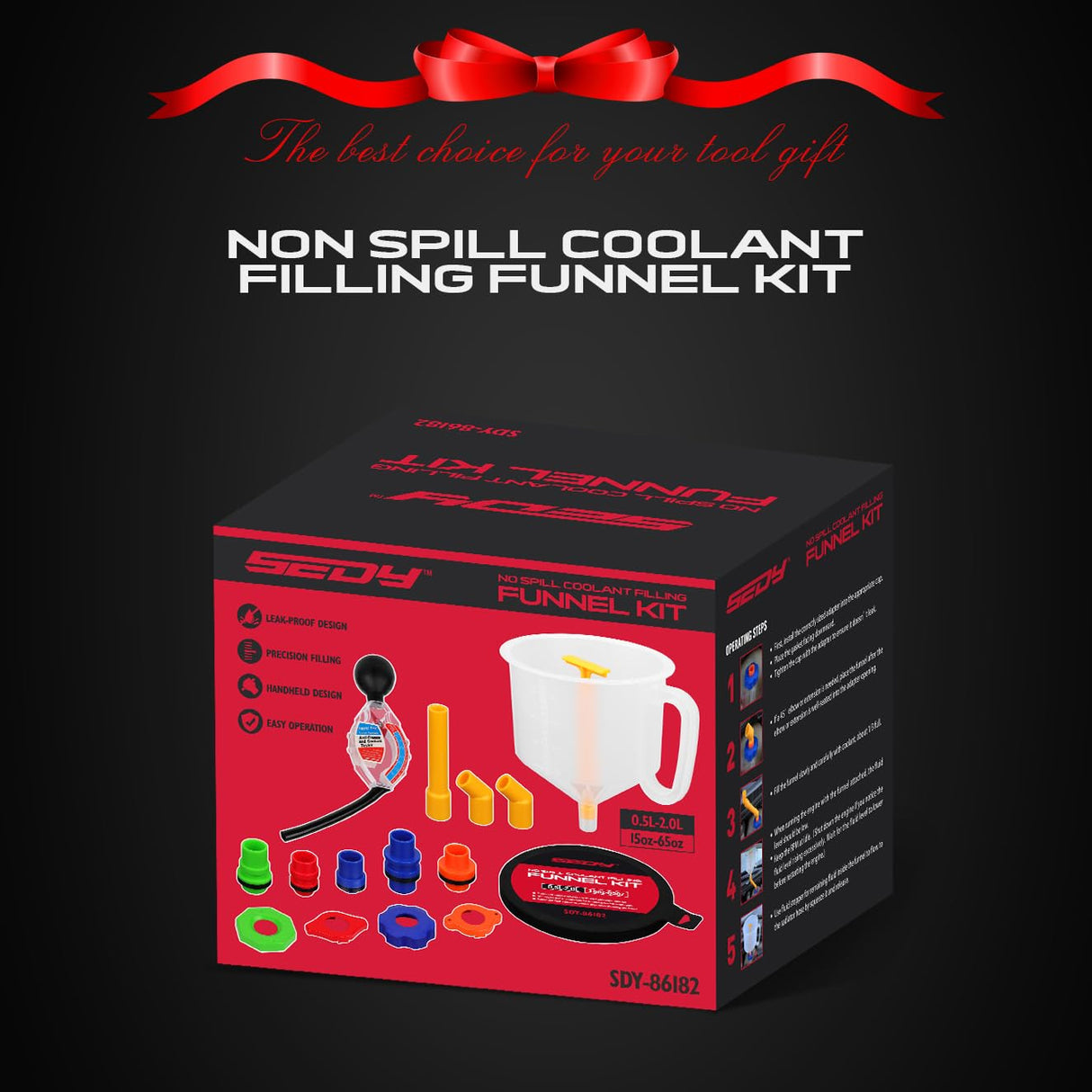 SEDY no-spill coolant funnel kit with adapters, extensions, and antifreeze tester for radiator filling and bleeding