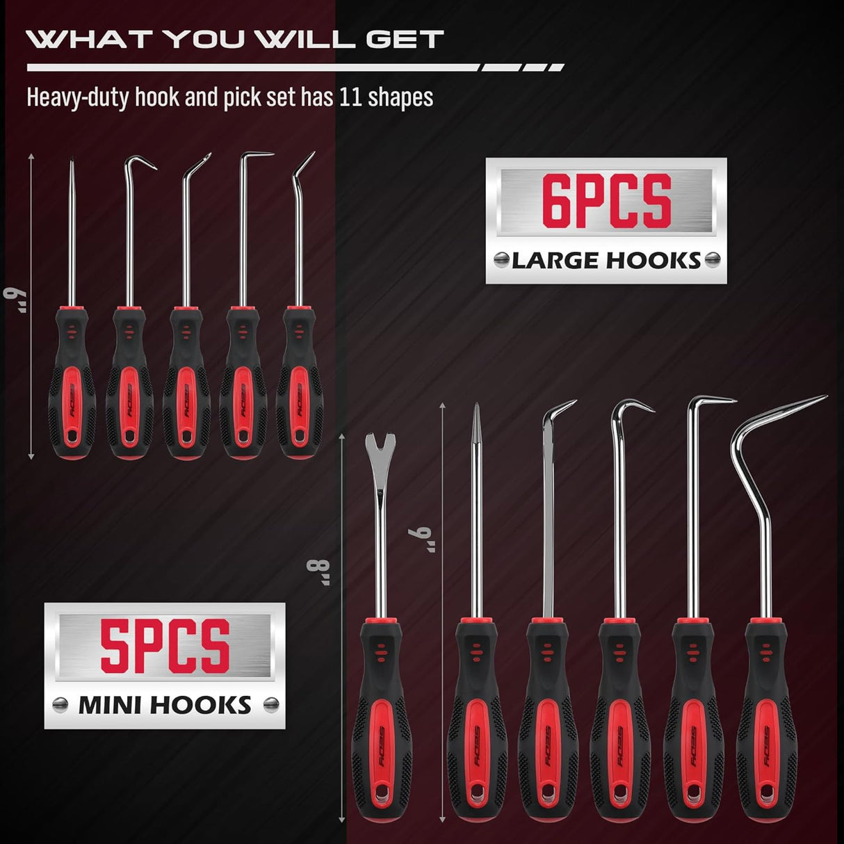 SEDY 11-Piece Heavy Duty Hook and Pick Set - Car Repair Tools with Non-Slip Handles and Storage Bag