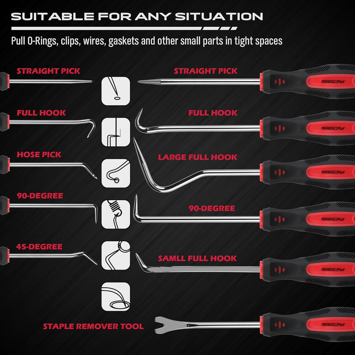 SEDY 11-Piece Heavy Duty Hook and Pick Set - Car Repair Tools with Non-Slip Handles and Storage Bag