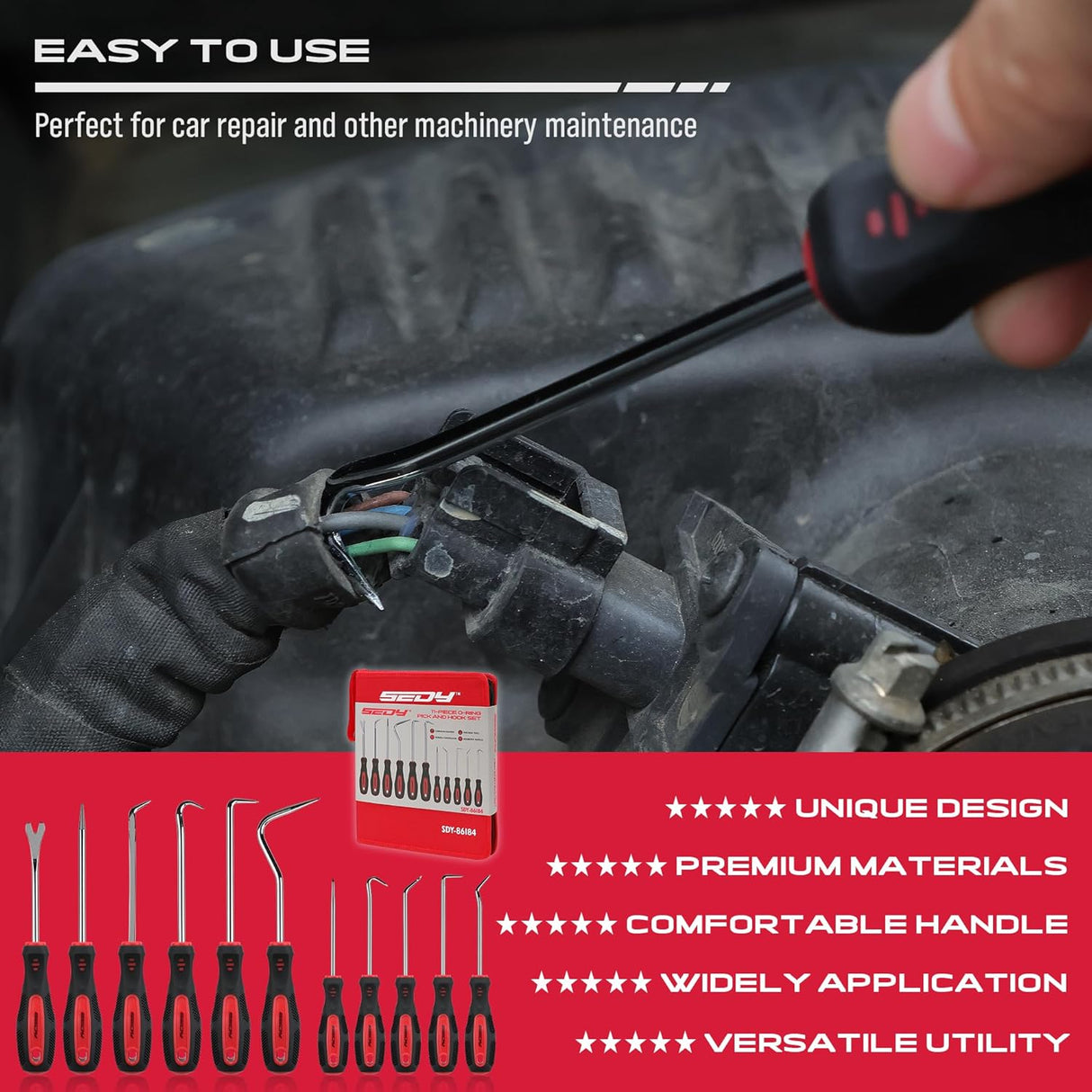 SEDY 11-Piece Heavy Duty Hook and Pick Set - Car Repair Tools with Non-Slip Handles and Storage Bag