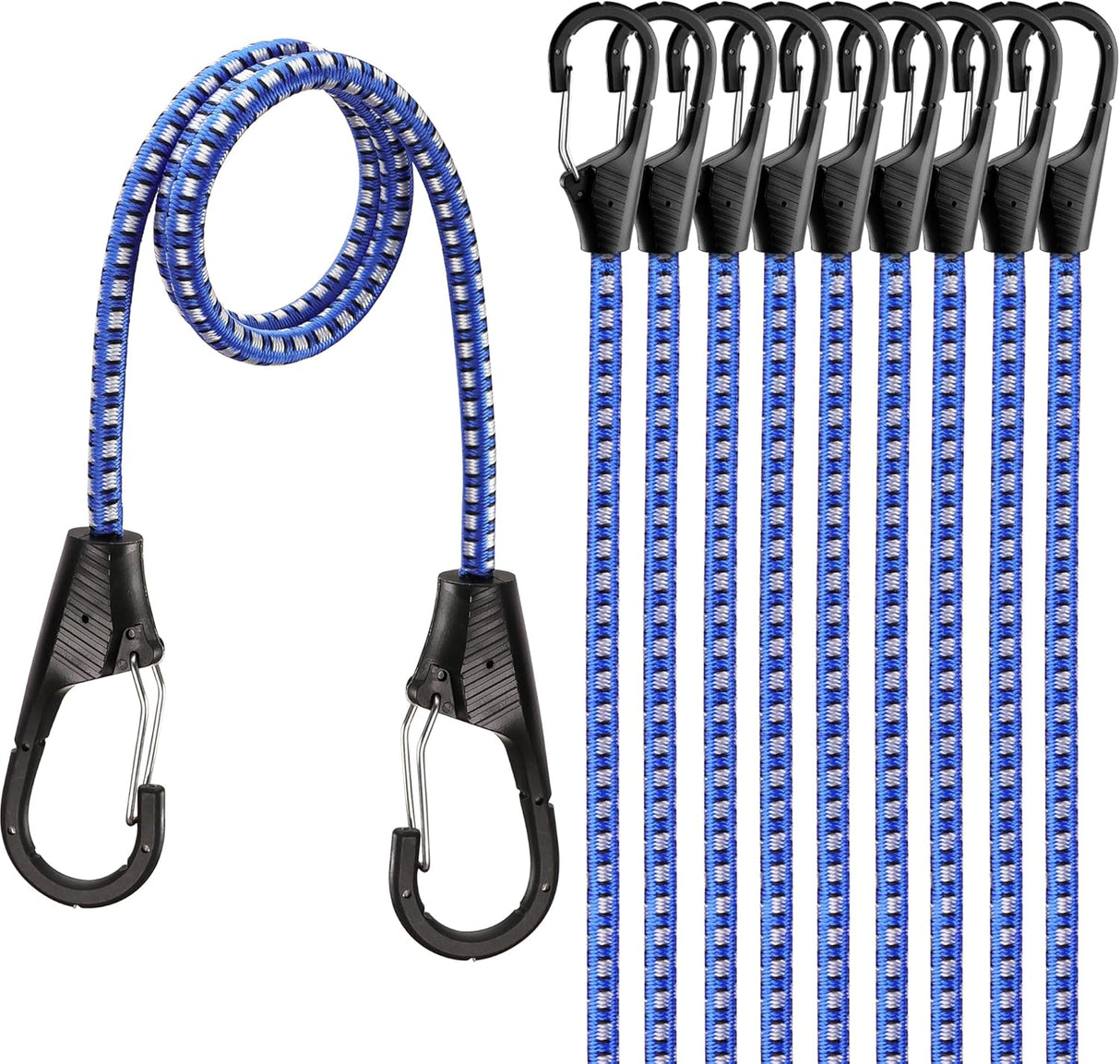 Heavy-duty 30-inch blue bungee cords with carabiner hooks for secure outdoor and indoor tie-down