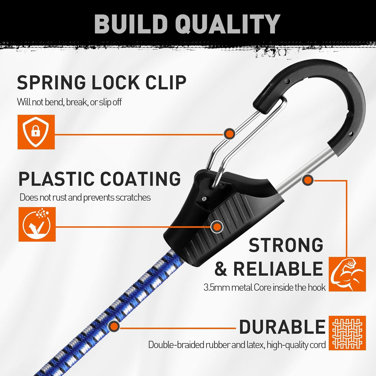 Heavy-duty 30-inch blue bungee cords with carabiner hooks for secure outdoor and indoor tie-down