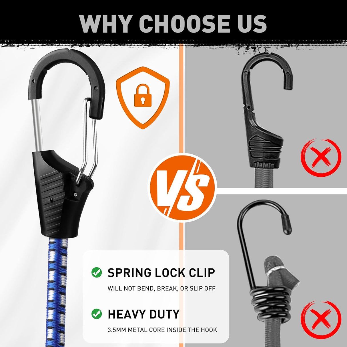 Heavy-duty 30-inch blue bungee cords with carabiner hooks for secure outdoor and indoor tie-down